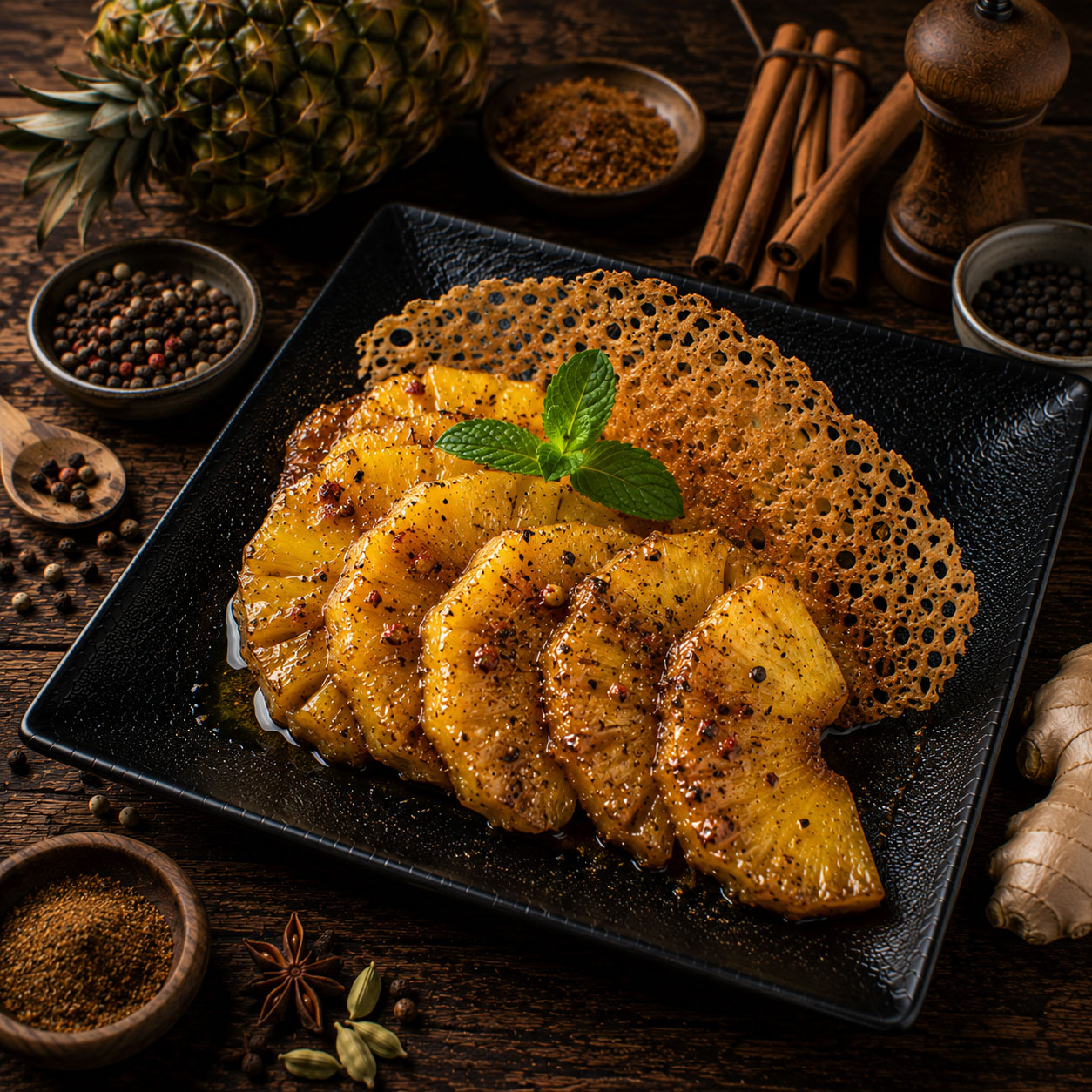 Ananas rôti au poivre et aux épices