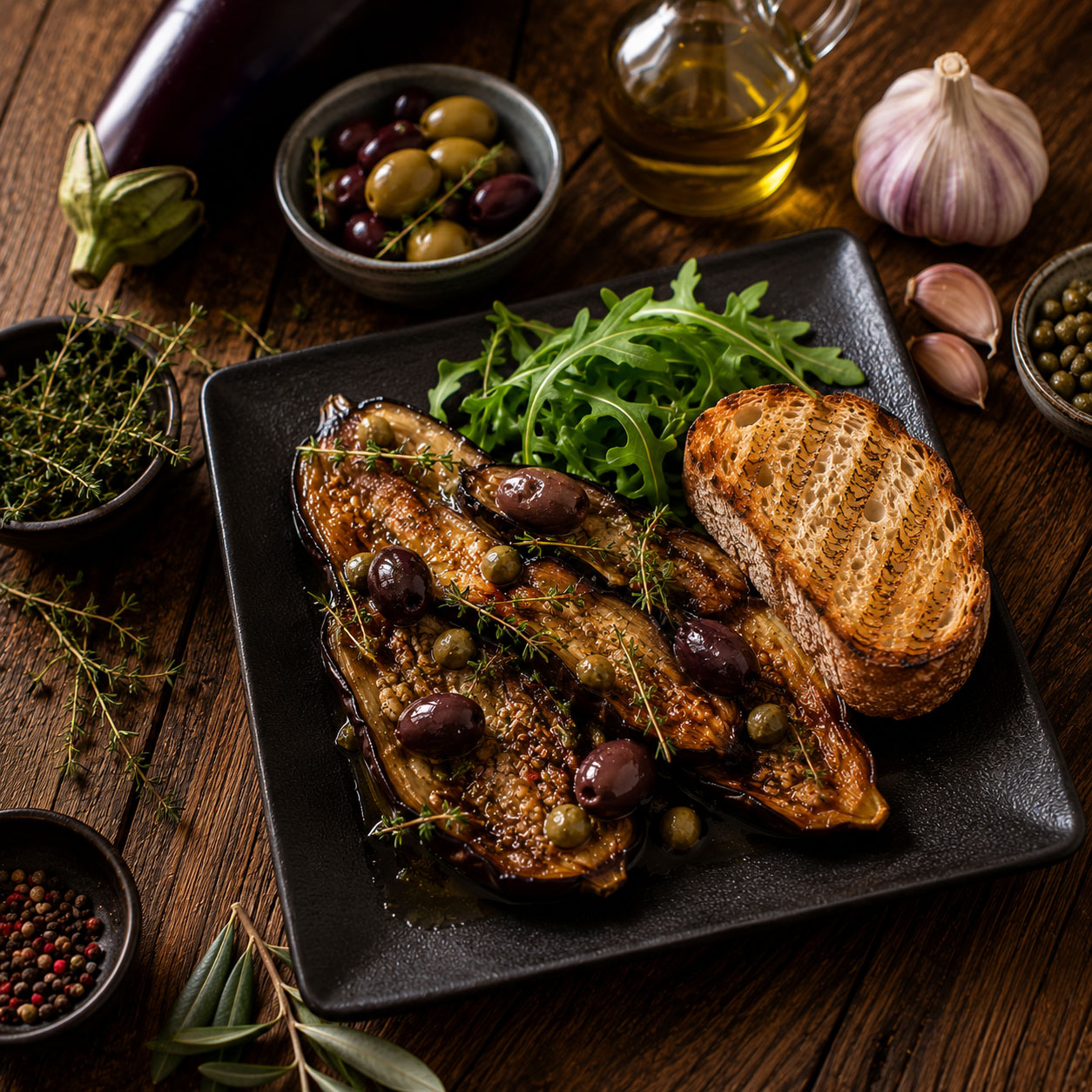 Aubergines rôties aux olives et au thym