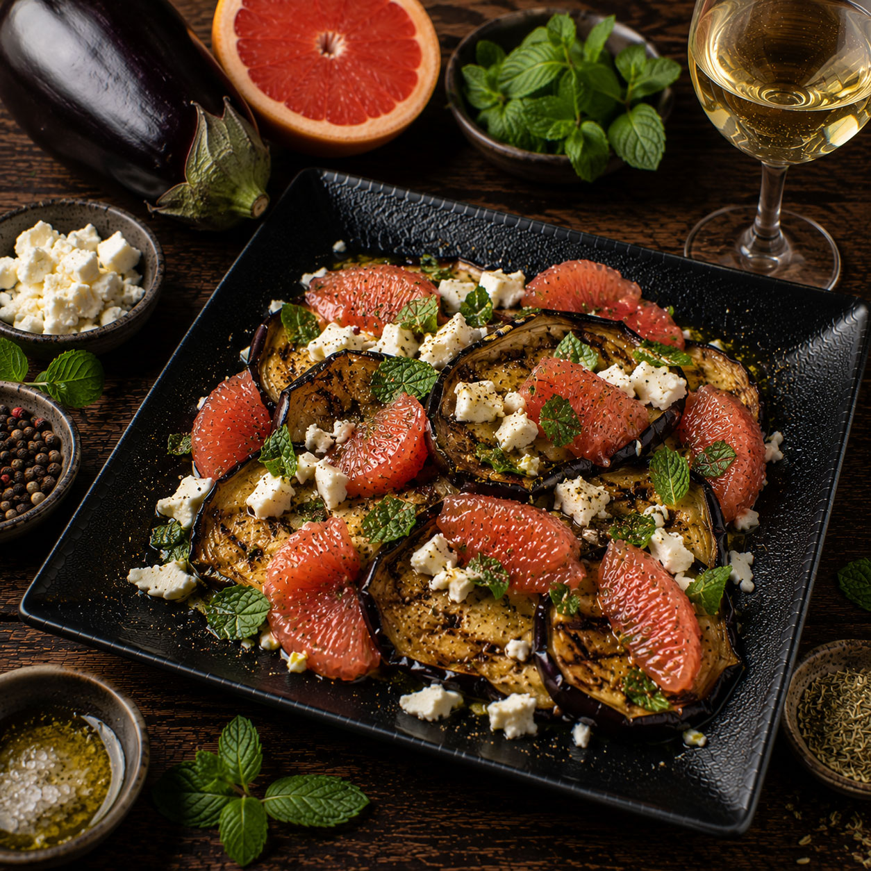 Aubergines rôties, pamplemousse rose, feta et menthe