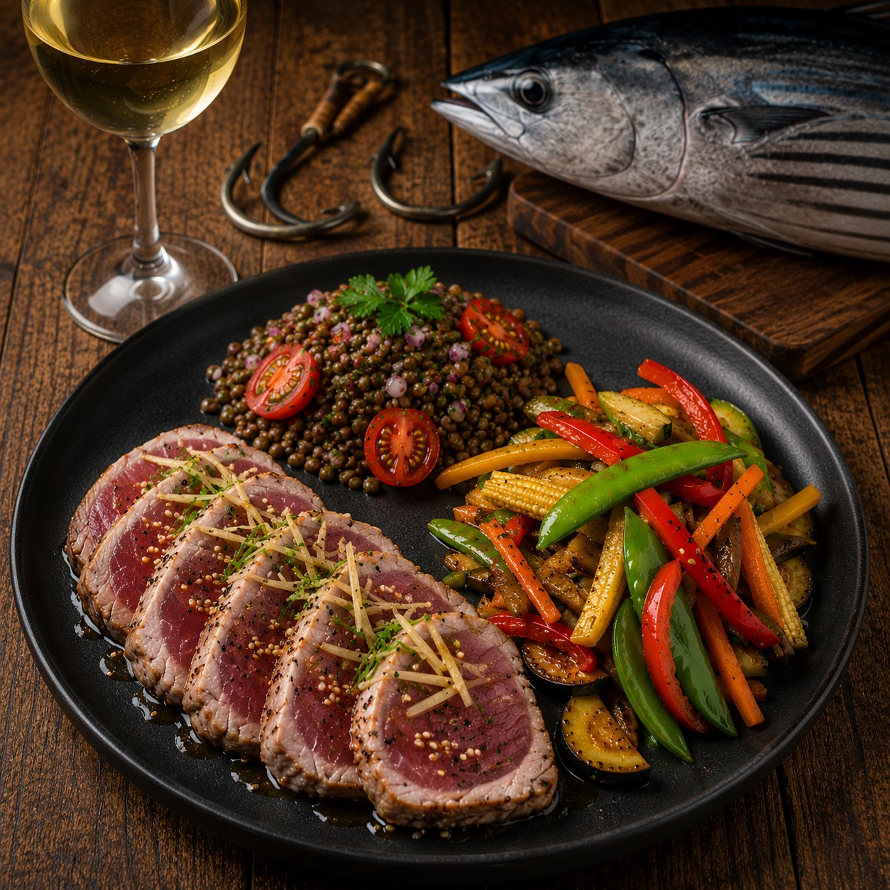 Bonite mi-cuite marinée au gingembre