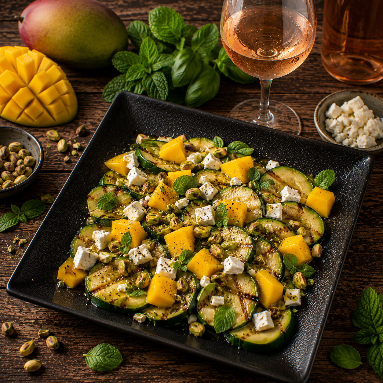 Courgettes grillées à la mangue, feta et pistaches