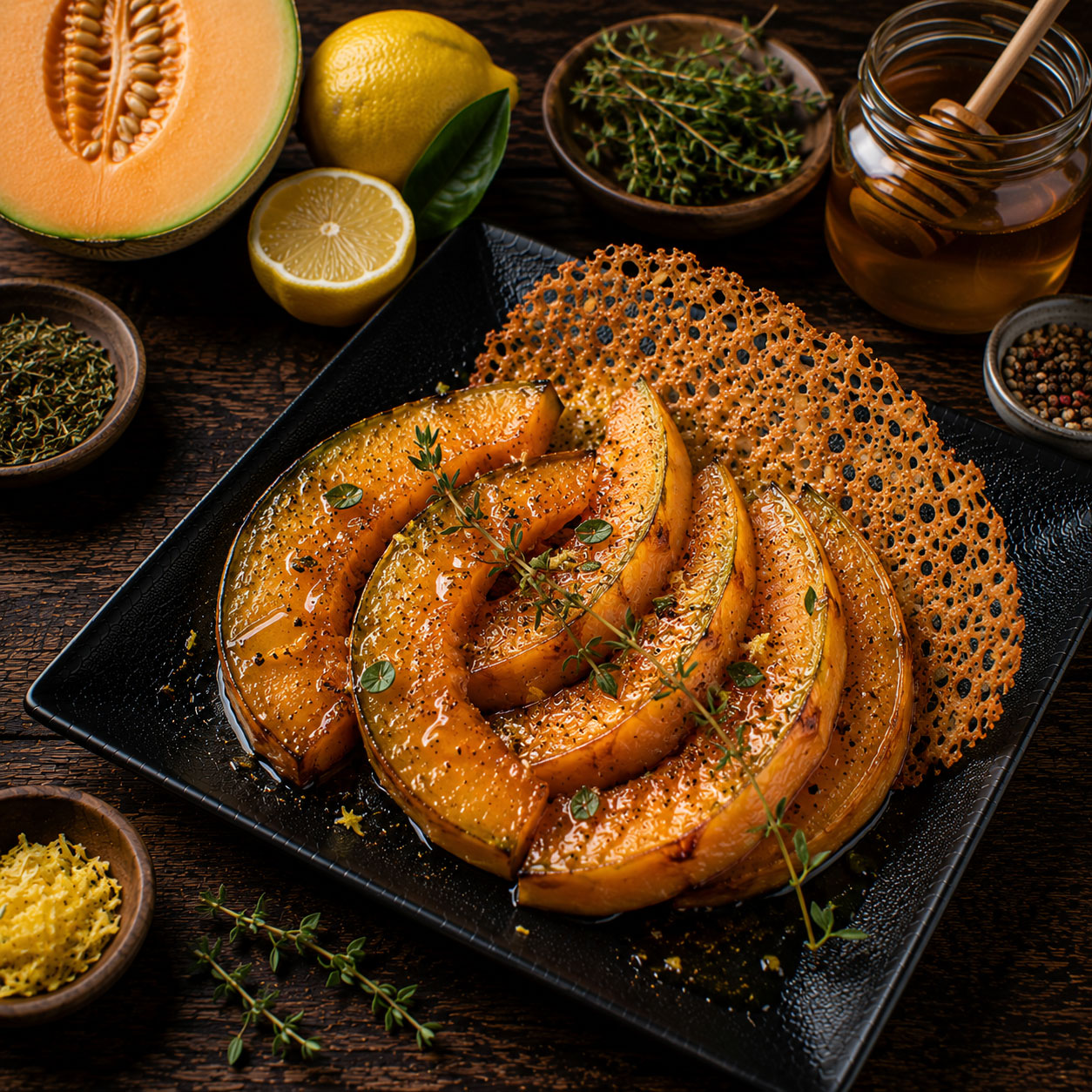 Melon rôti au thym, citron et miel