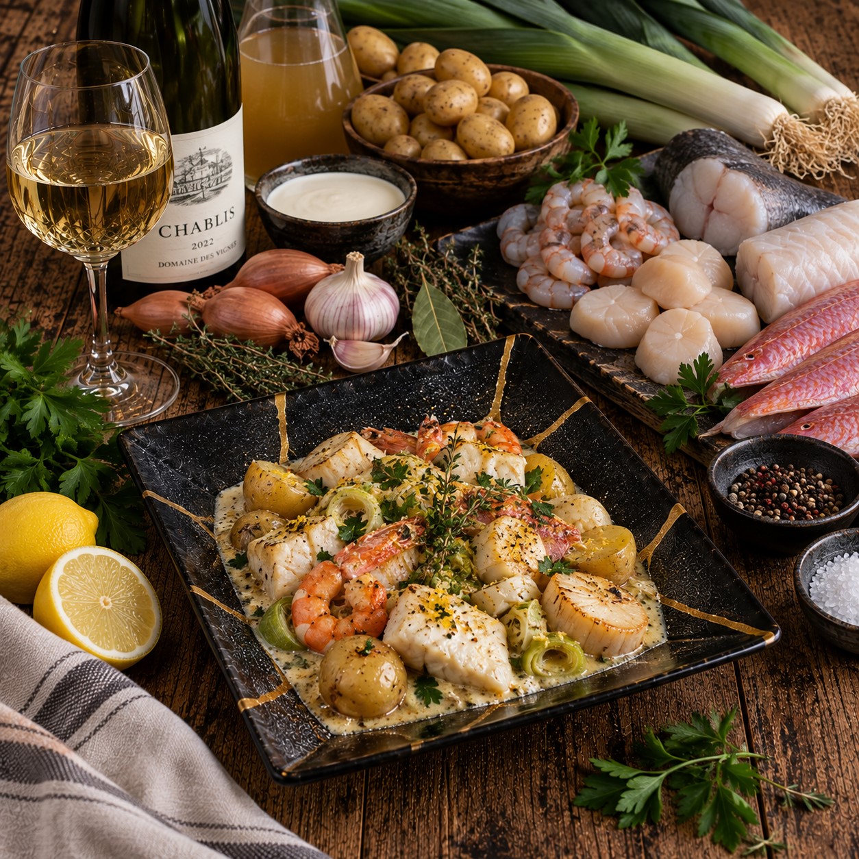 Navarin de poissons et crustacés au Chablis