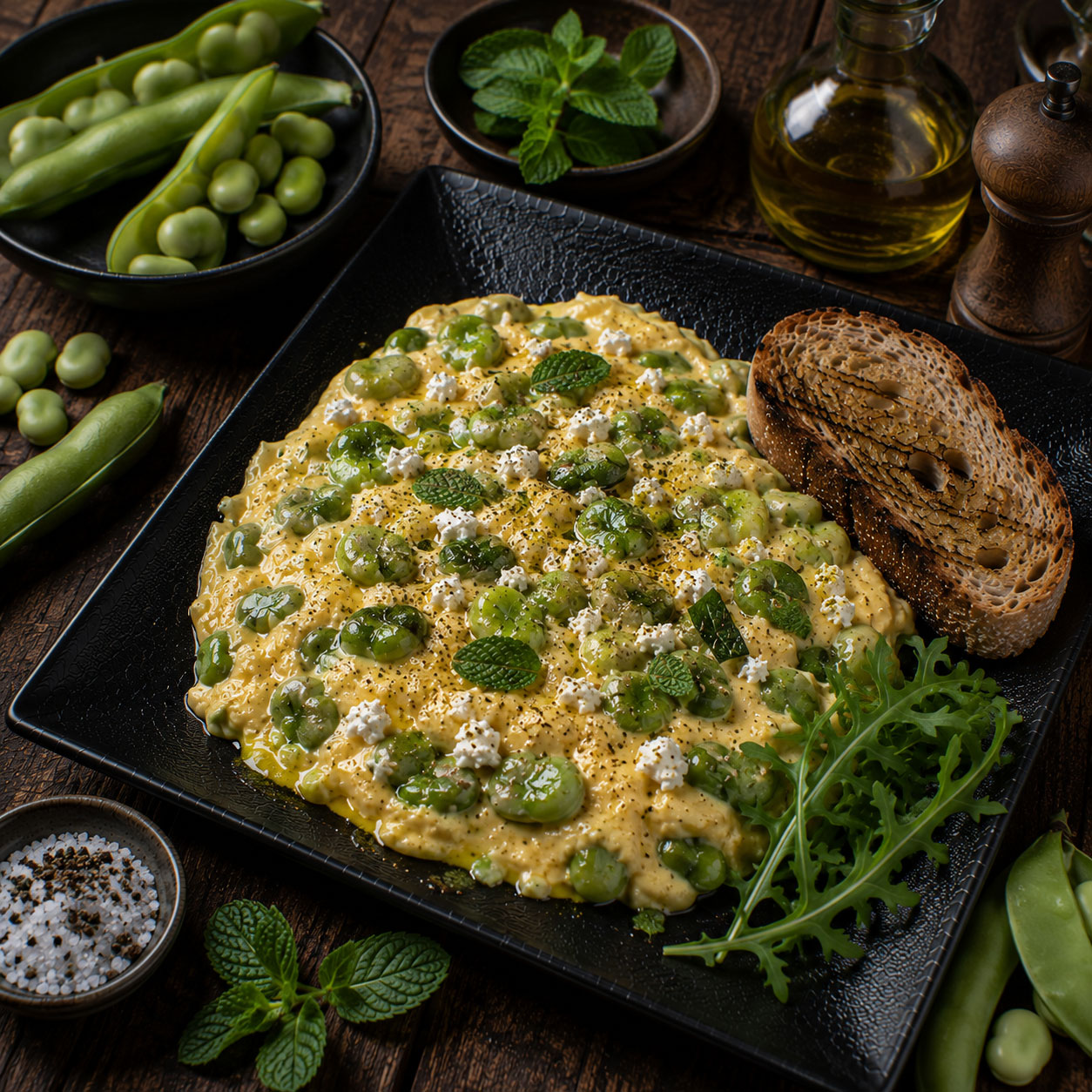 Omelette aux fèves et à la menthe