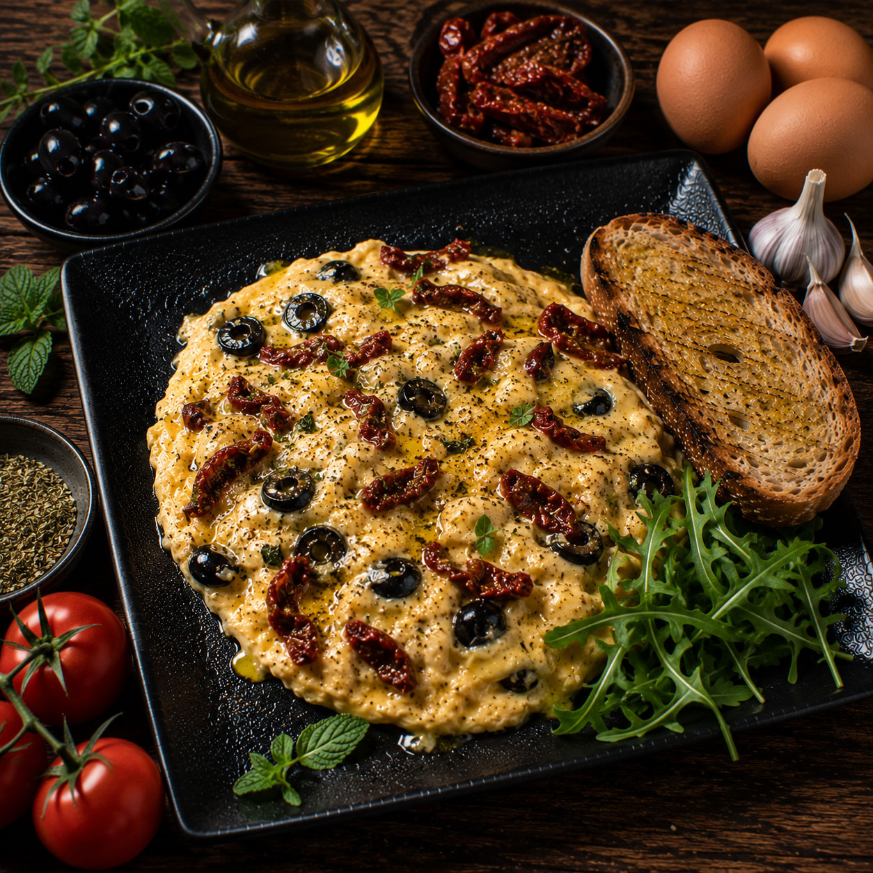 Omelette aux olives noires et tomates séchées