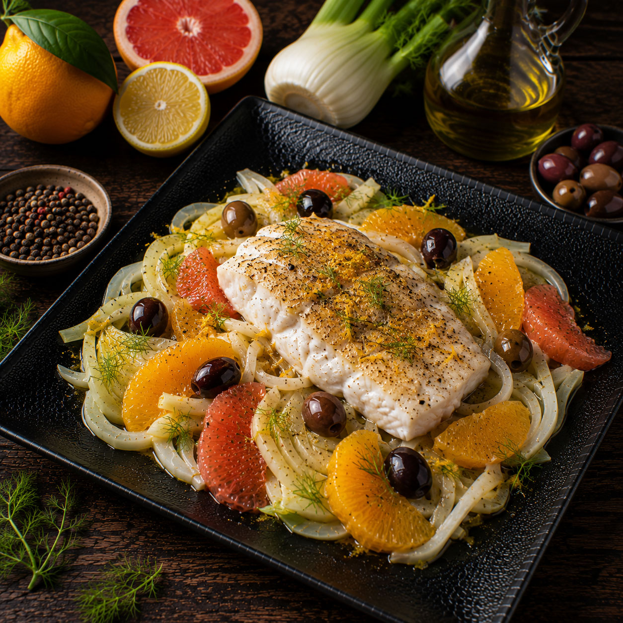 Poisson aux agrumes, fenouil et olives