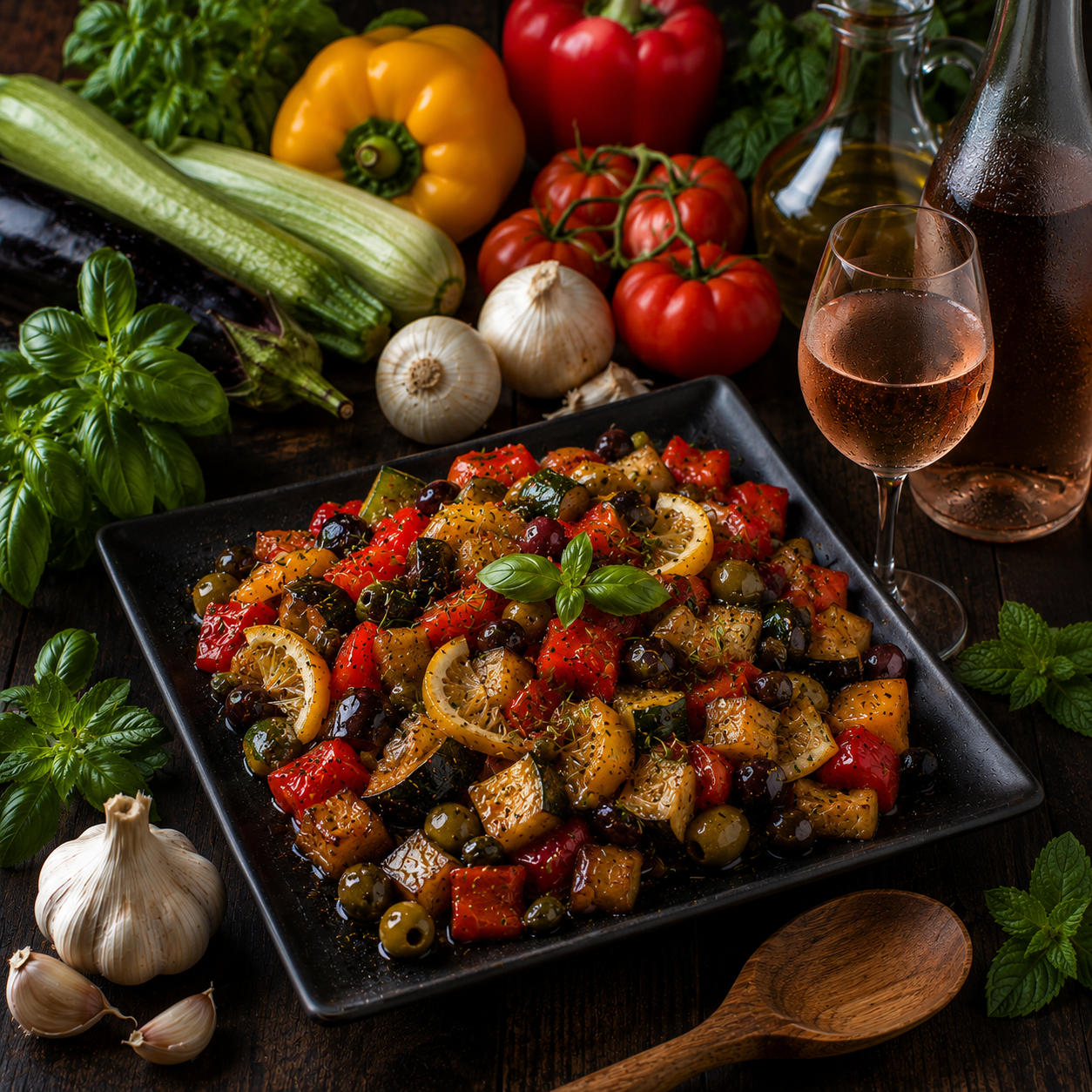 Ratatouille rôtie aux olives, câpres et citron confit