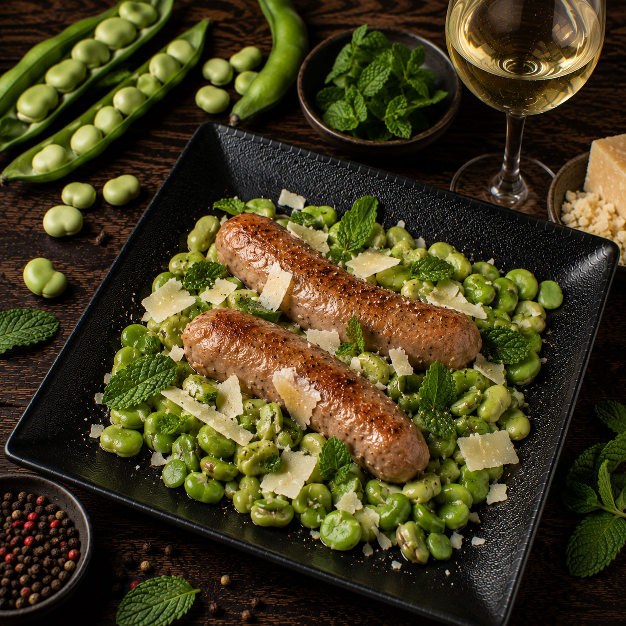 Saucisses de veau, fèves, menthe et pecorino