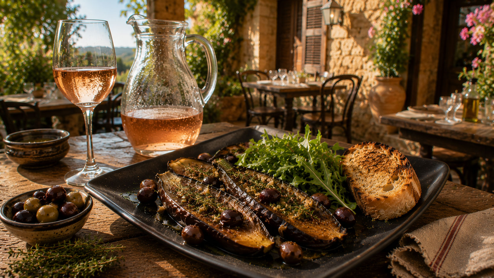 Aubergines rôties aux olives et au thym