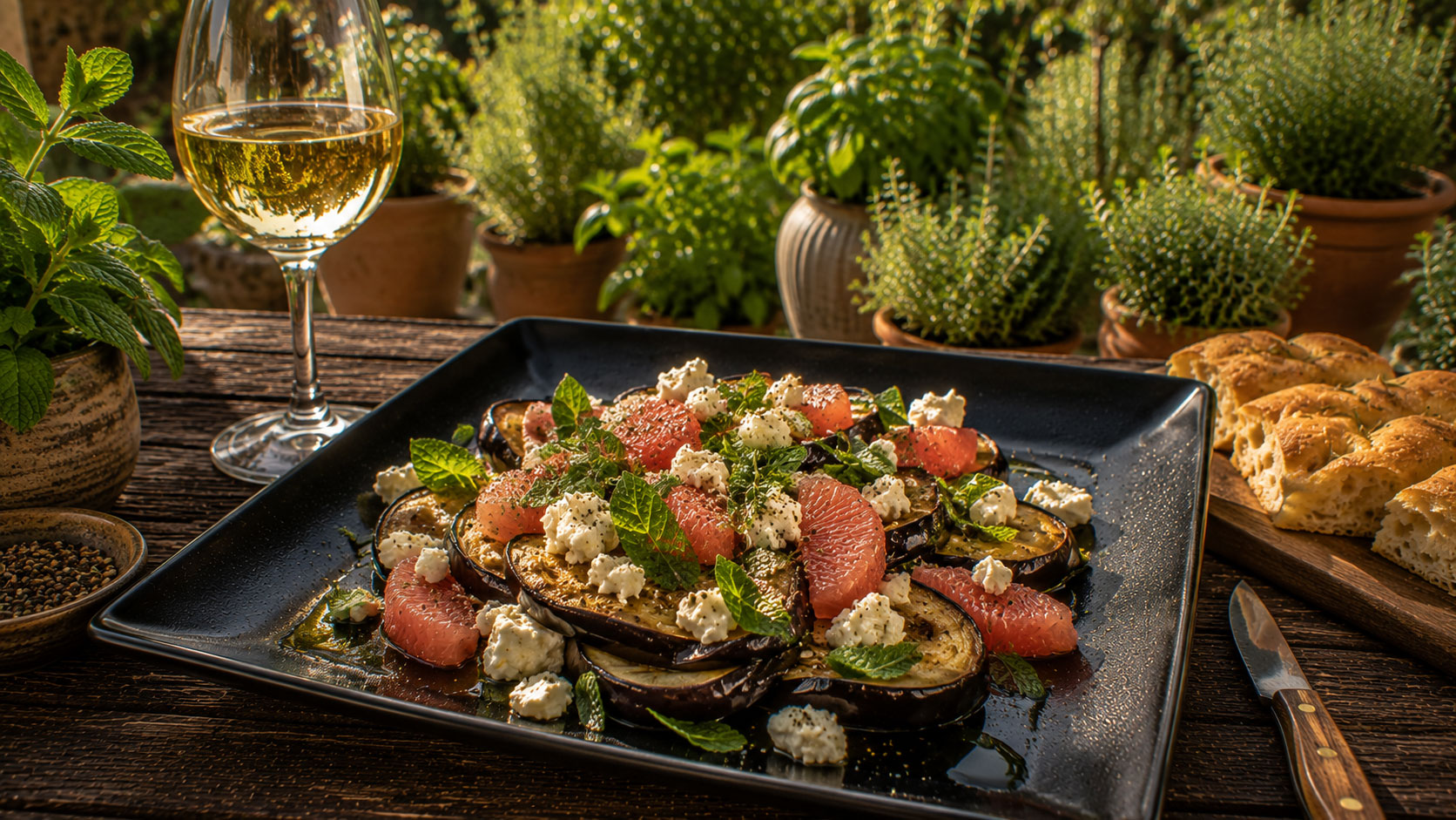 Aubergines rôties, pamplemousse rose, feta et menthe