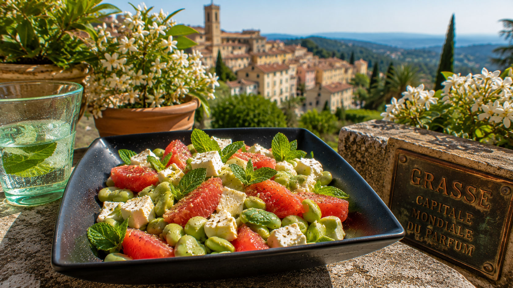 Bol de fèves, pamplemousse rose, feta et menthe
