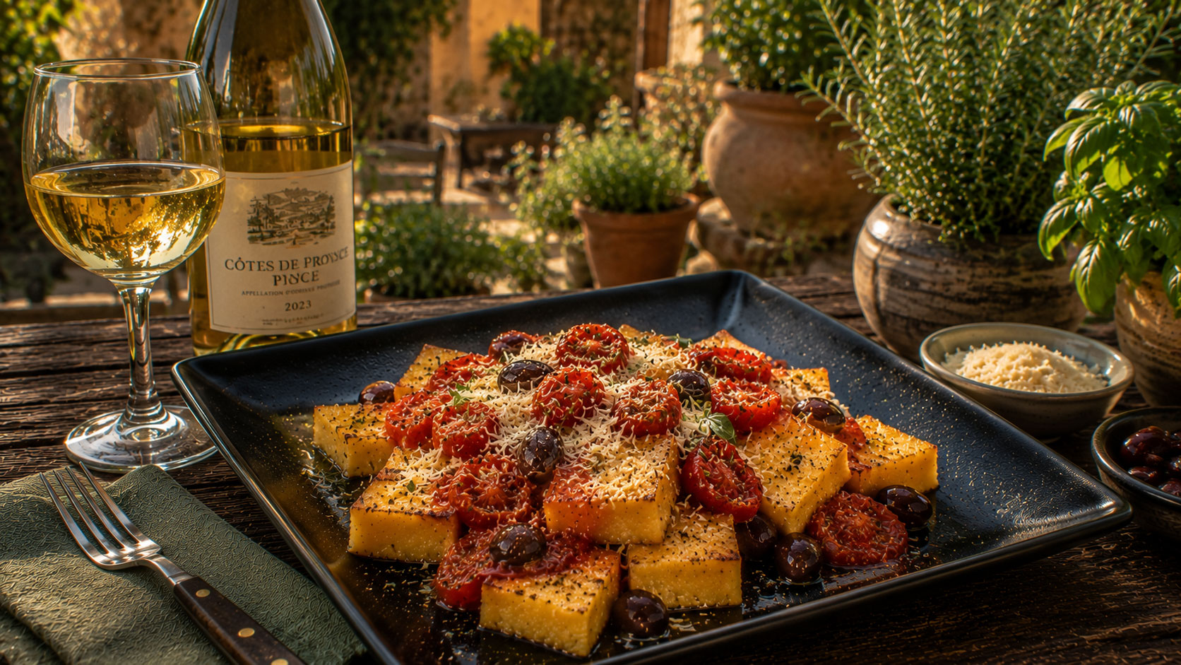 Gratin de polenta aux tomates, olives et parmesan