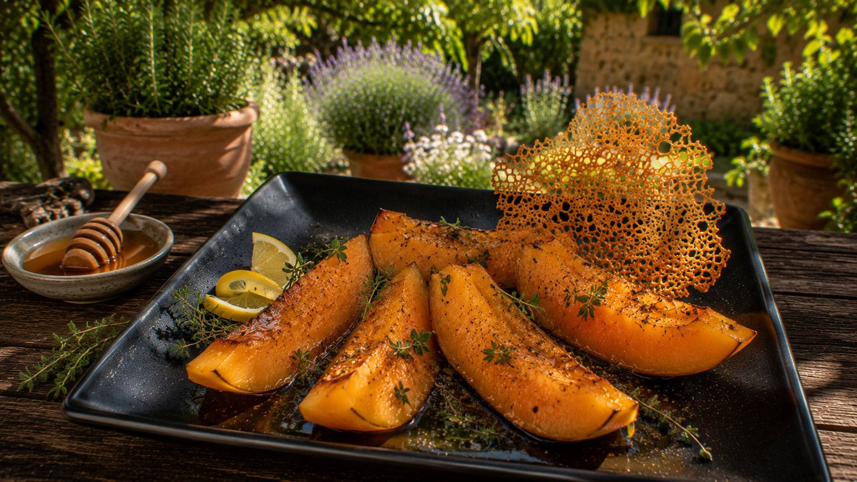Melon rôti au thym, citron et miel
