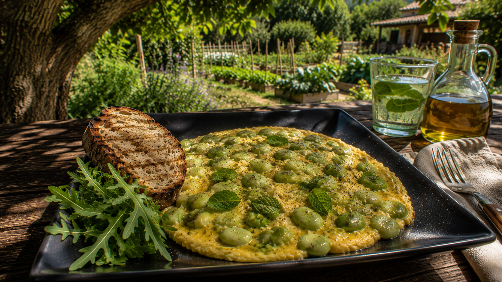 Omelette aux fèves et à la menthe