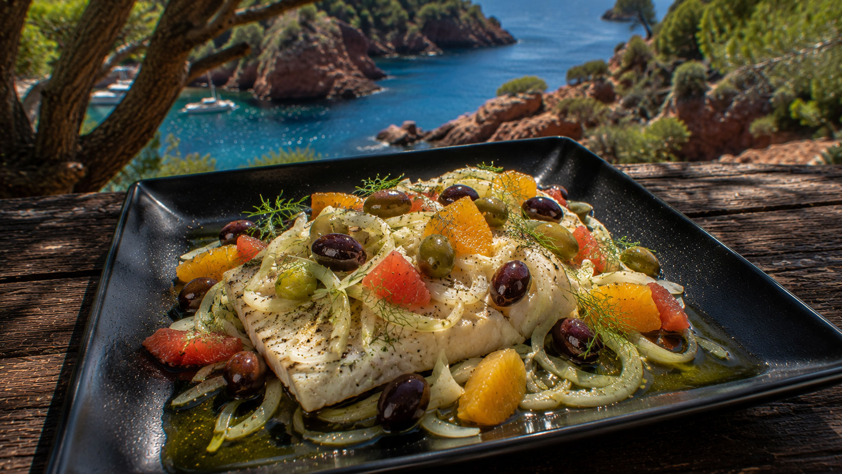 Poisson aux agrumes, fenouil et olives