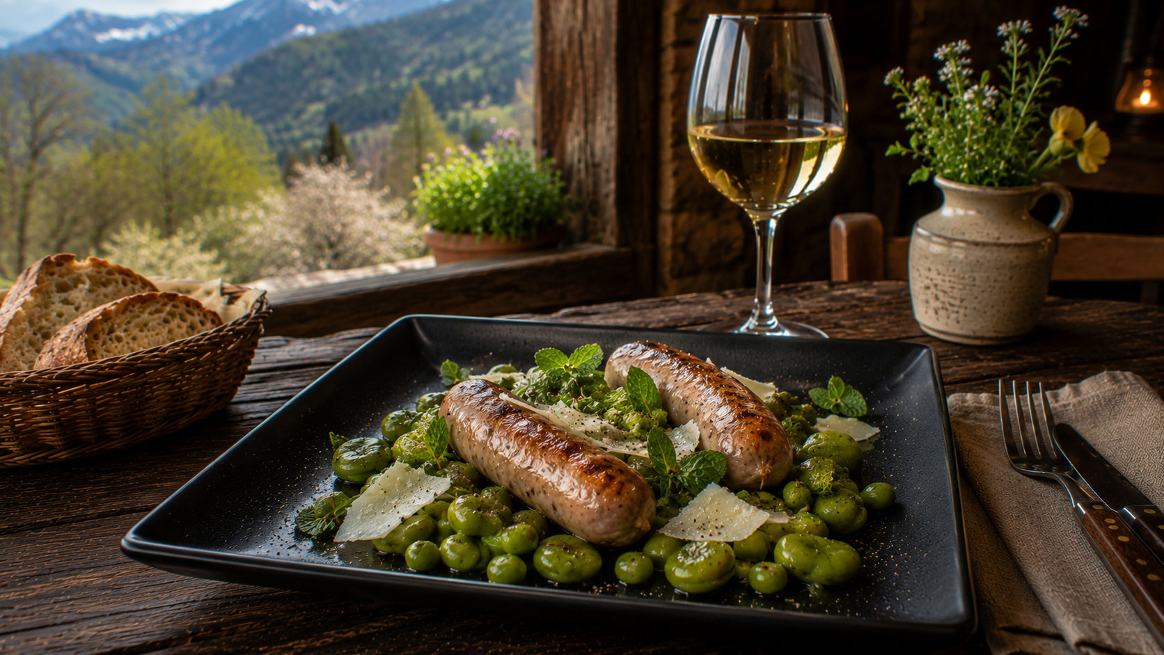 Saucisses de veau, fèves, menthe et pecorino