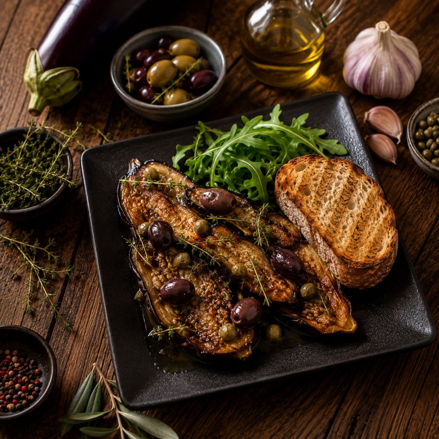 Aubergines rôties aux olives et au thym
