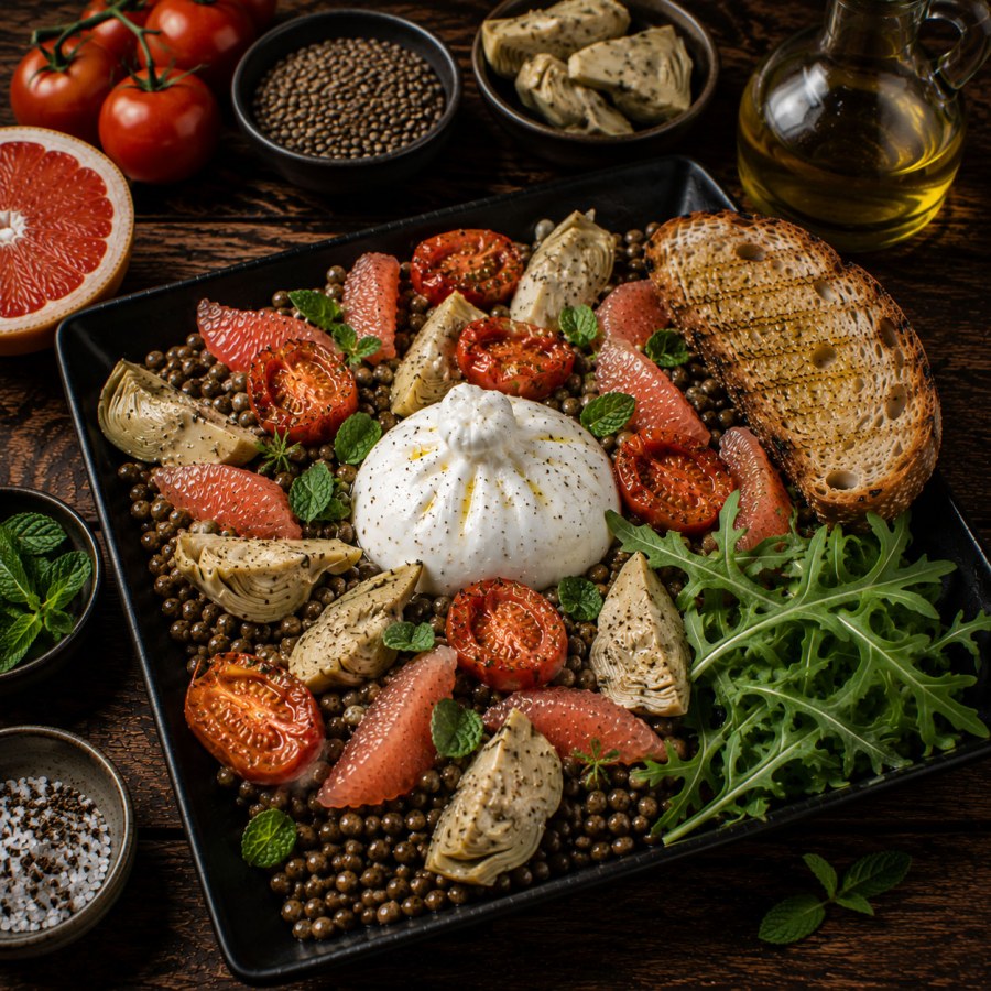 Bol de lentilles, tomates rôties, artichauts marinés, pamplemousse et burrata