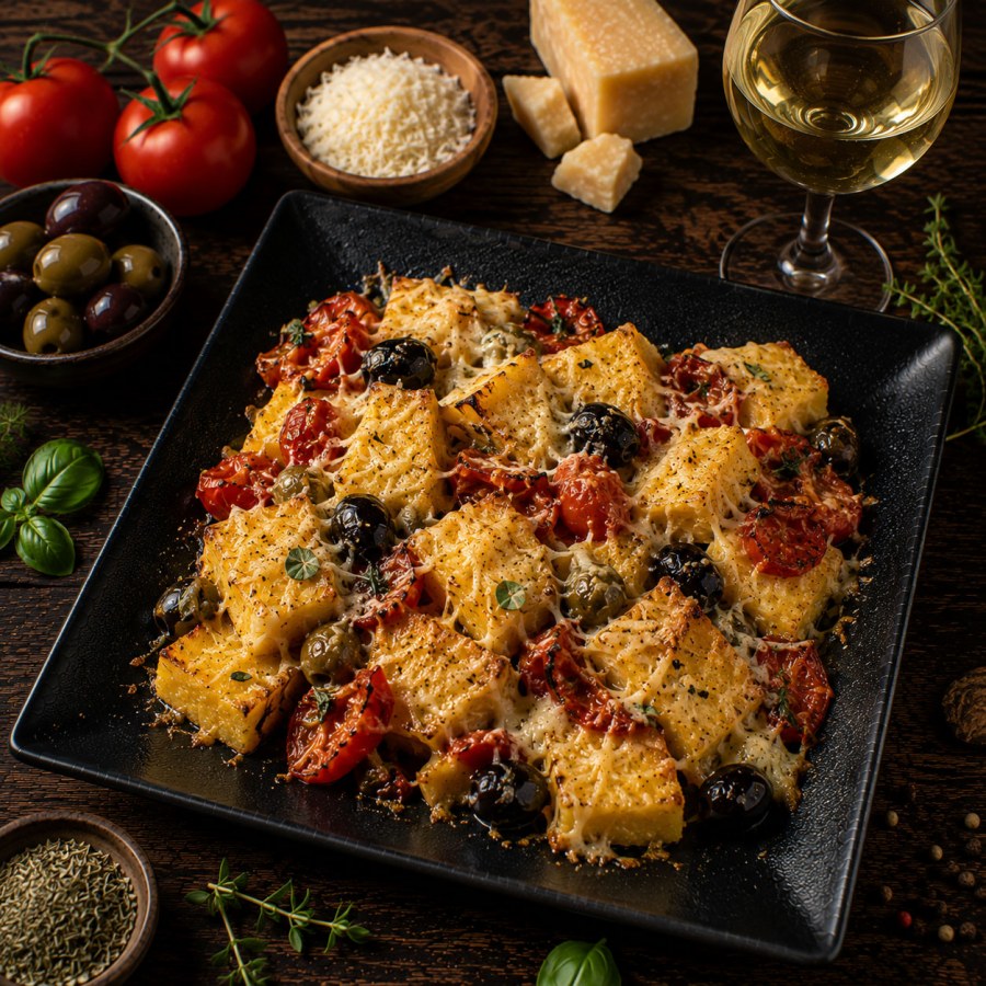 Gratin de polenta aux tomates, olives et parmesan