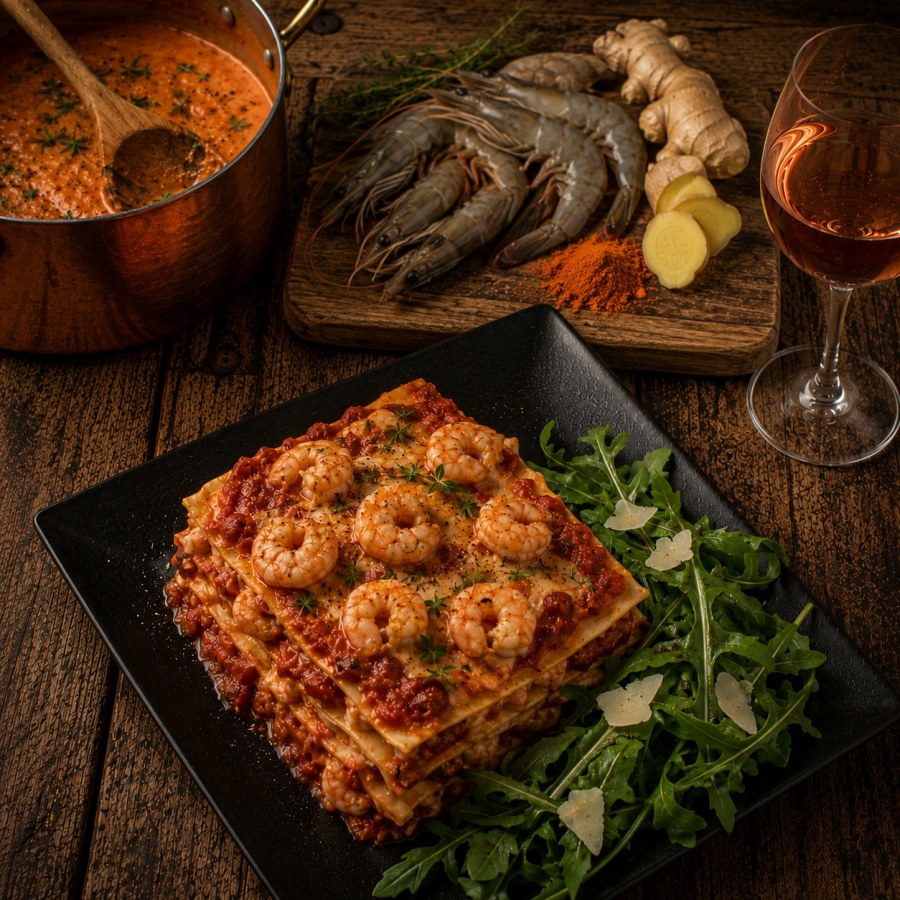 Lasagnes aux crevettes au curry rouge