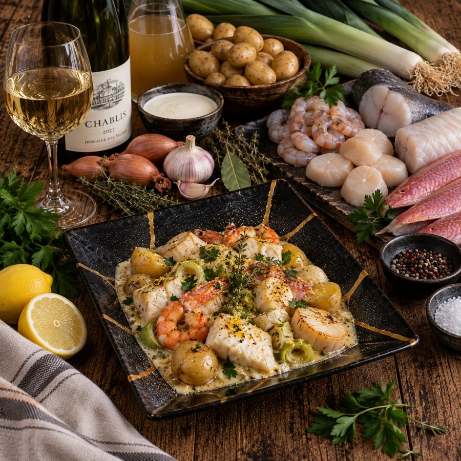 Navarin de poissons et crustacés au Chablis