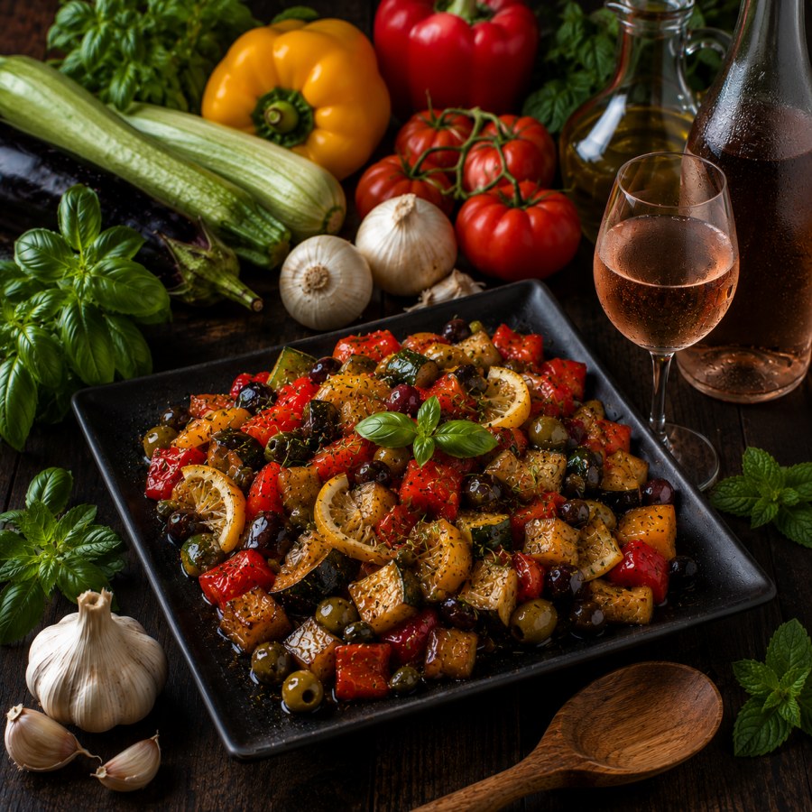 Ratatouille rôtie aux olives, câpres et citron confit