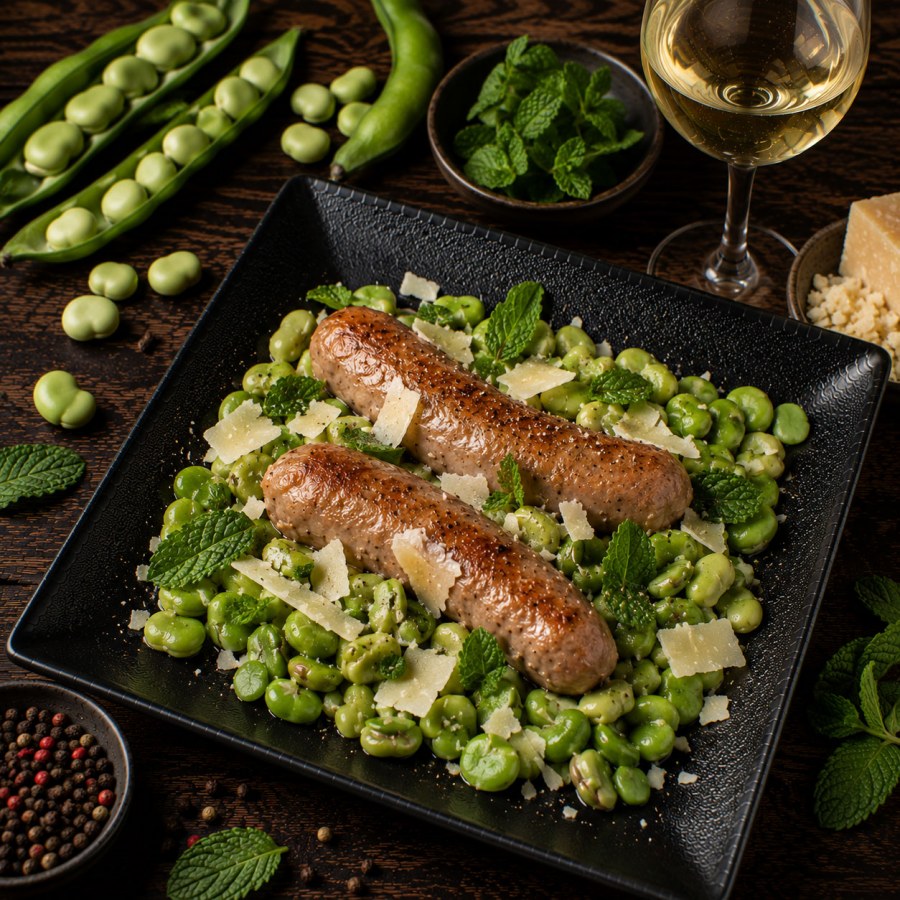 Saucisses de veau, fèves, menthe et pecorino