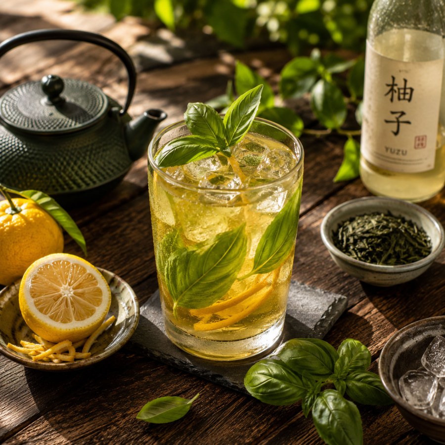 Thé vert, yuzu et basilic
